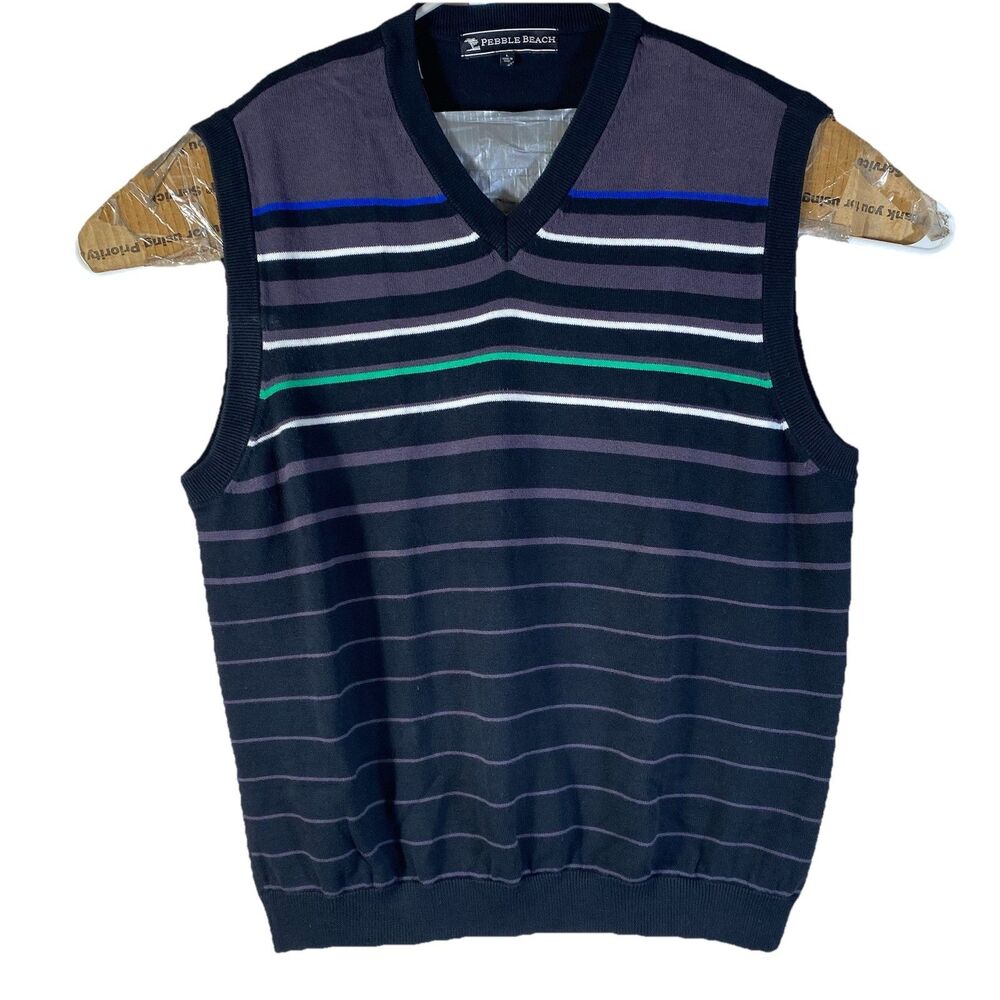 Pebble Beach Golf Sweater Vest Men Large Cotton Knit V Neck Blue Purple Pullover